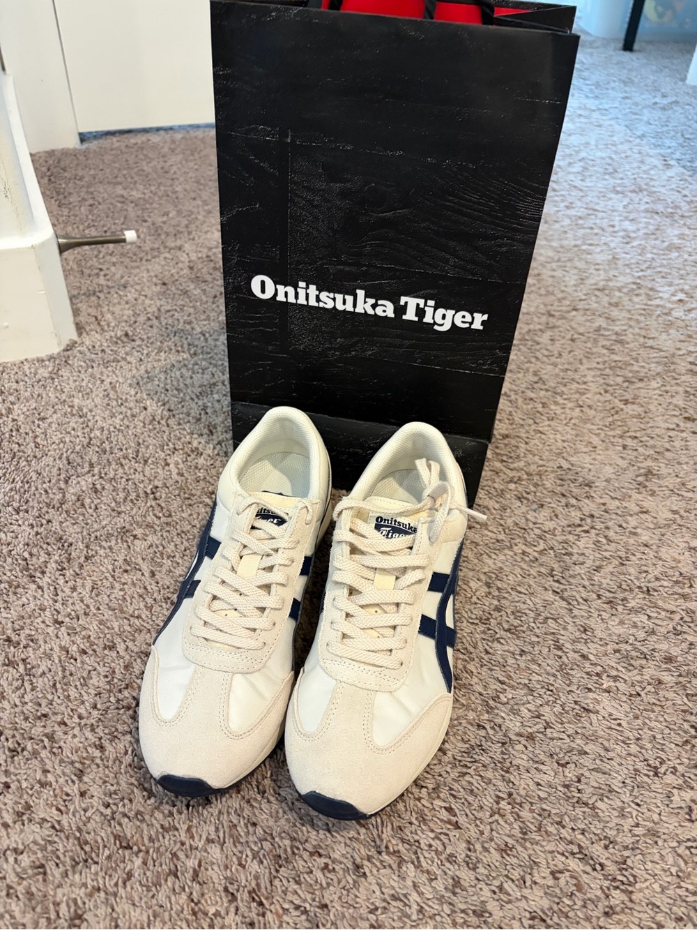 Onitsuka Tiger Cream Sneakers with Navy Stripes
